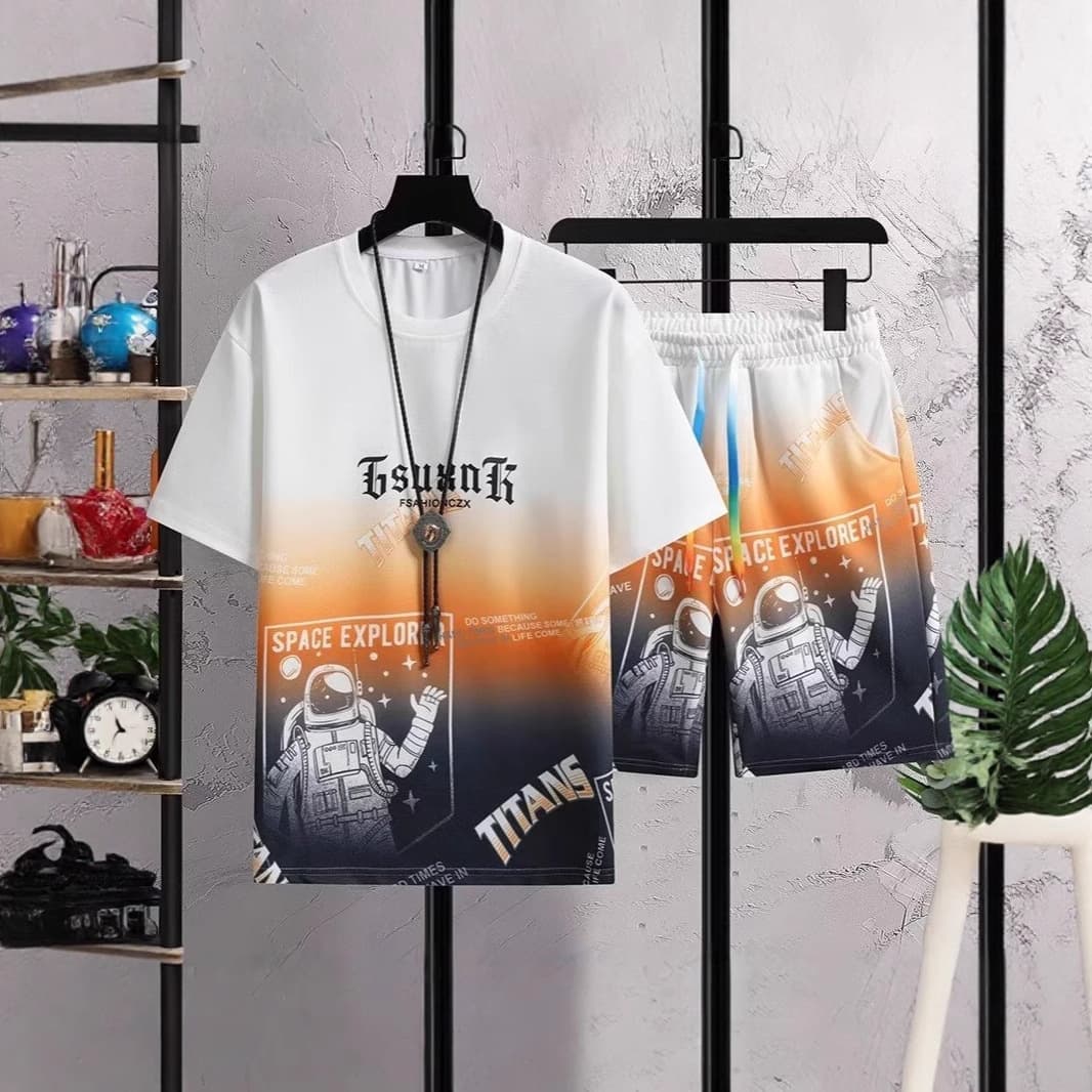 2025 Youth Sports Fashion Easy Match T-Shirt and Shorts Two-Piece Set Summer New Men's Gradient Casual Suit