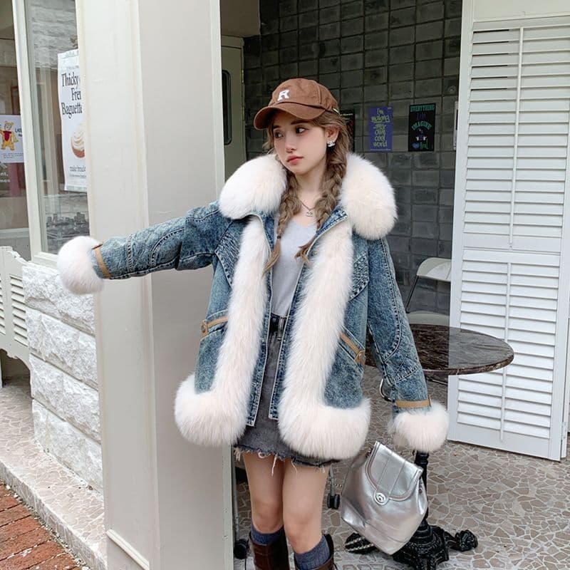 Fur 2025 Lightweight White Goose Down Lining Denim Fox Fur Patchwork Coat Internet Celebrity Parka Down Jacket