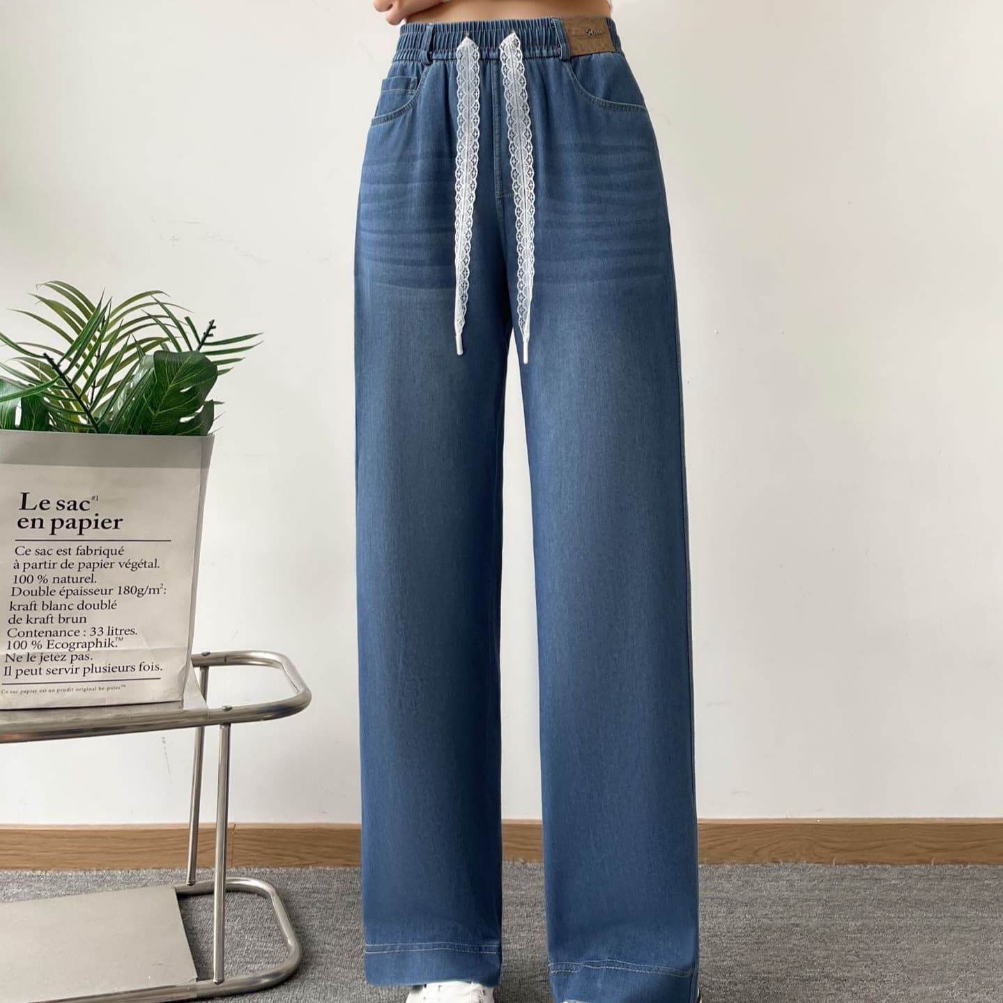 New high-waisted loose jeans for women, fashionable lace drawstring straight pants, simple and versatile commuting summer jeans
