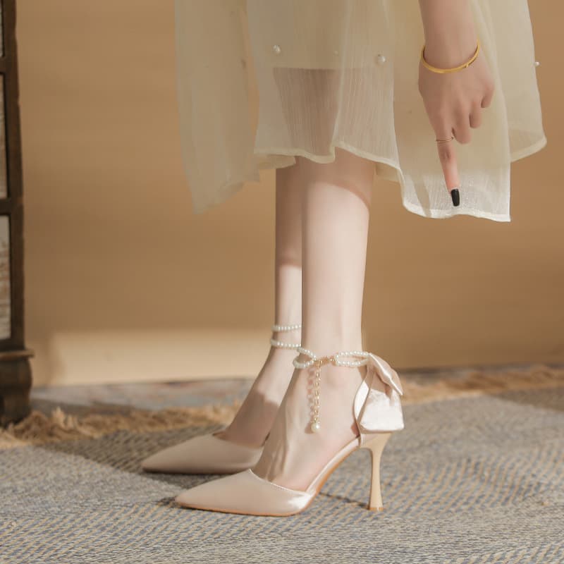 Hollow Pearl One-Strap Satin Fairy Style Banquet Shoes with Heel Bow Plus Size High Heel Sandals