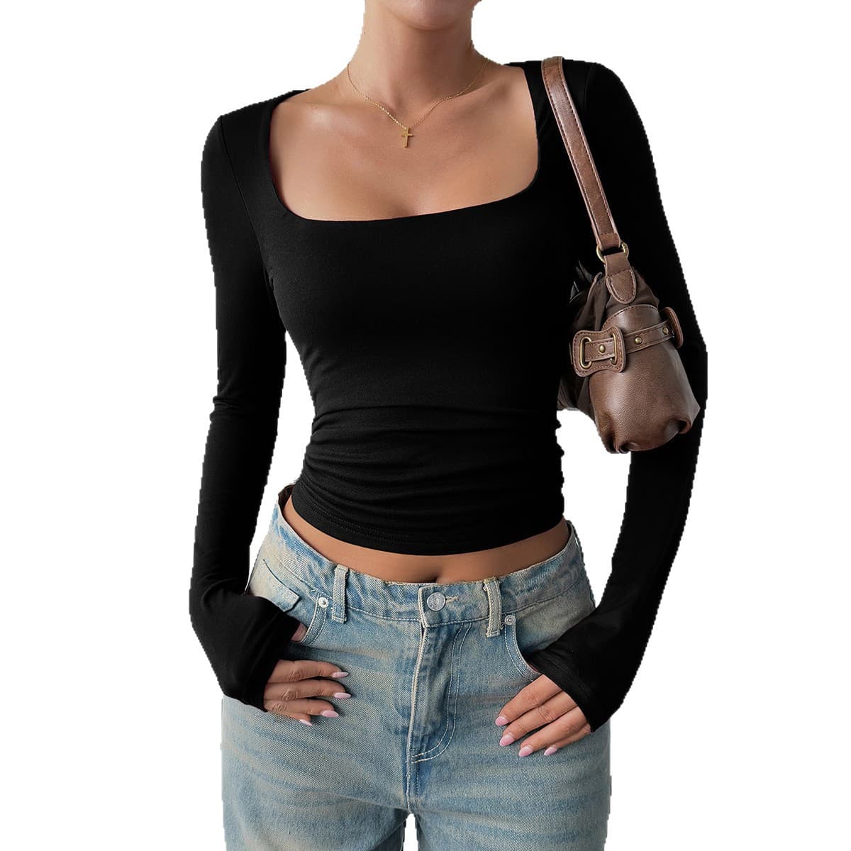Cross-border European and American Retro U-Neck Slim Fit T-Shirt Top for Women 2026 Spring/Summer Amazon Independent Site Sweet Spicy Style