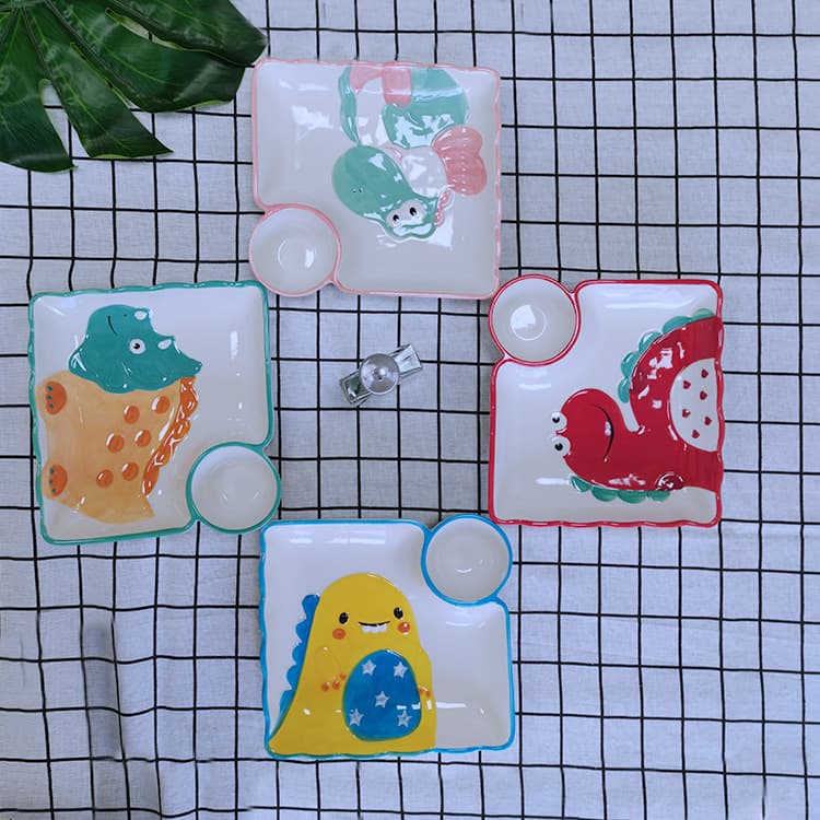 Creative Ceramic Cartoon Divided Plate Cute Children's Dumpling Plate with Vinegar Dish Fruit Dessert Plate Home Use Bowl Plate