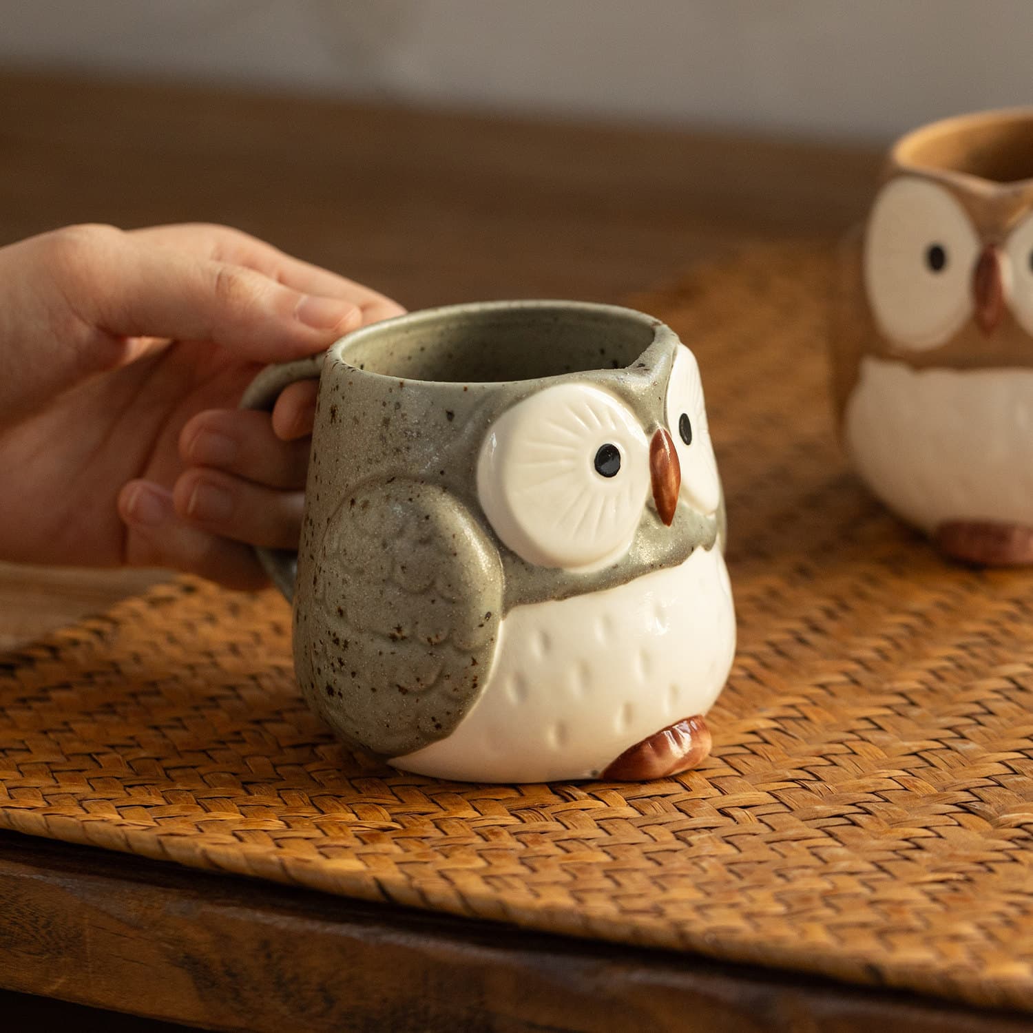 Japanese Mino Ware Owl Coarse Ceramic Mug, Japanese Coffee Cup, Office Tea Cup, Cute Water Cup