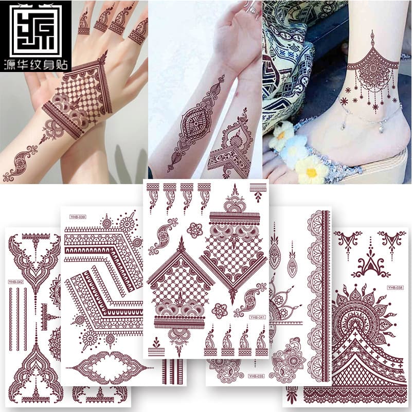 New Brown Red Lace Henna Tattoo Sticker Wedding Bridesmaid Waterproof Tattoo Sticker Factory Stock Wholesale Custom Print
