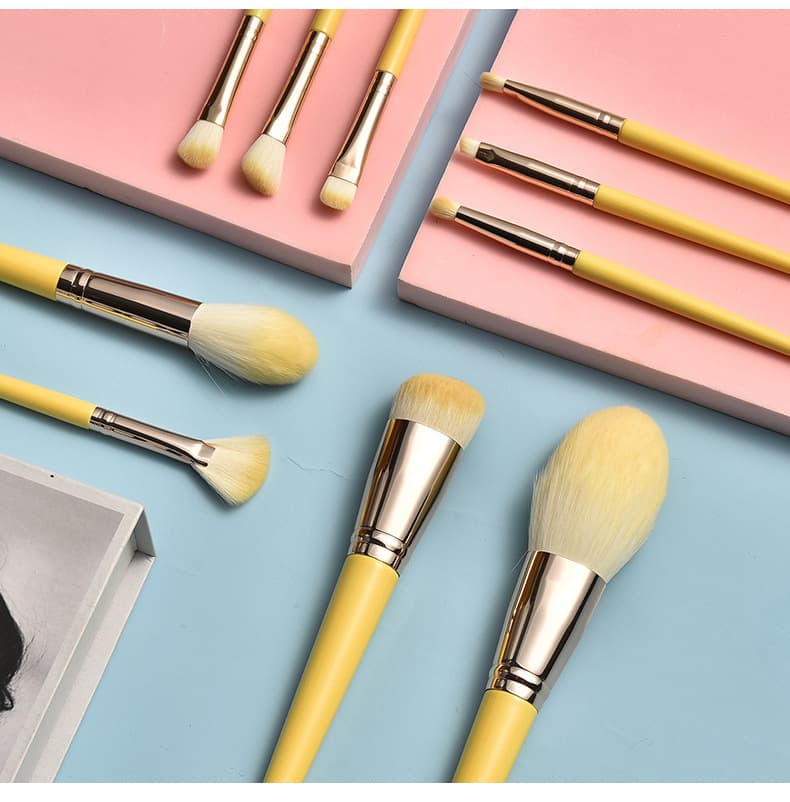 Miss Lemon Flower Pattern Makeup Brush Set with Bag, 10 Soft Bristle Brushes for Eyeshadow and Blush, Makeup Tools