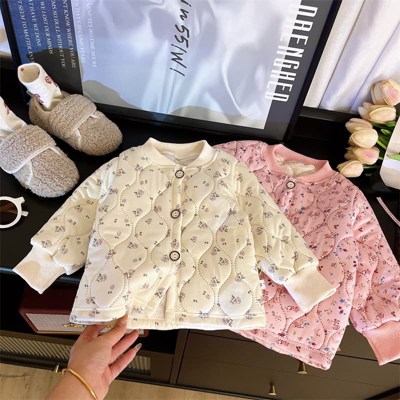Girls' Quilted Printed Sweet Coat, Kids' Autumn/Winter School Uniform Essential, Cotton-Padded Thermal Underwear, Small Floral Cotton Jacket
