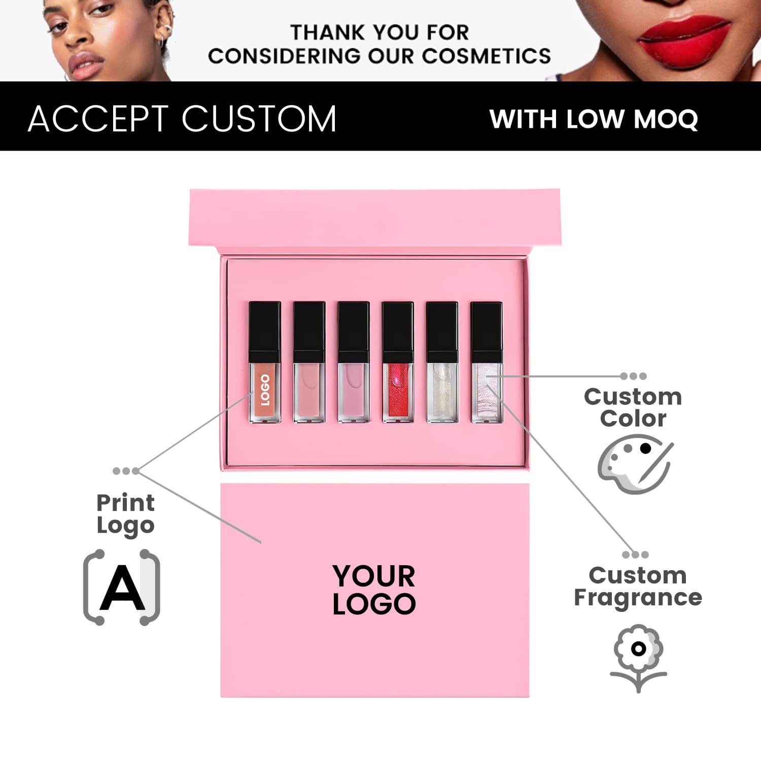 Cross-border Beauty Black Cap Clear Tube 6-Piece Lip Gloss Set, No Logo, Lip Gloss Set