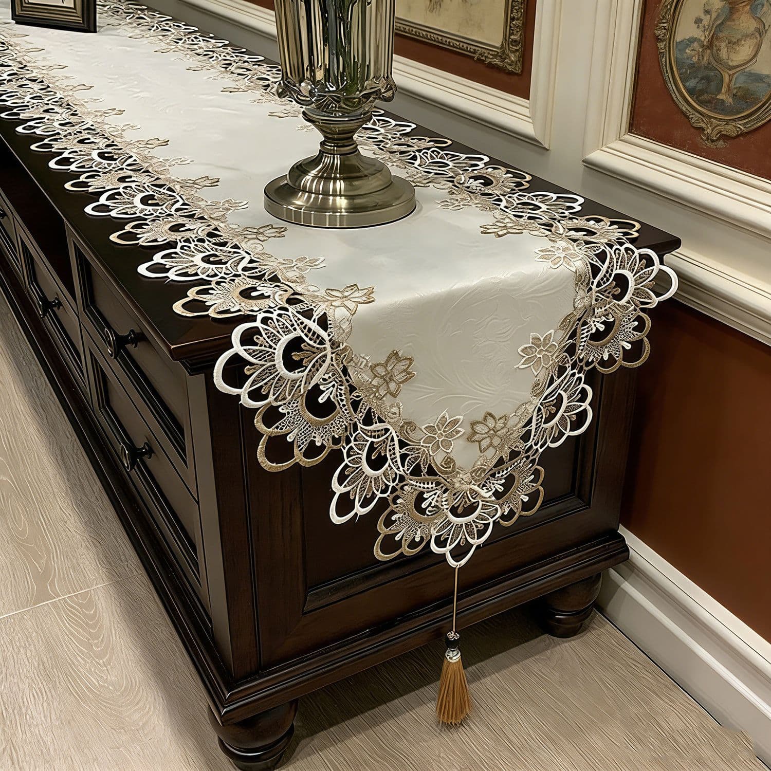 Cross-Border Hot Selling European Style Polyester Table Runner White Lace Fabric Coffee Table Dining Table Shoe Cabinet Chest of Drawers Dustproof Cover