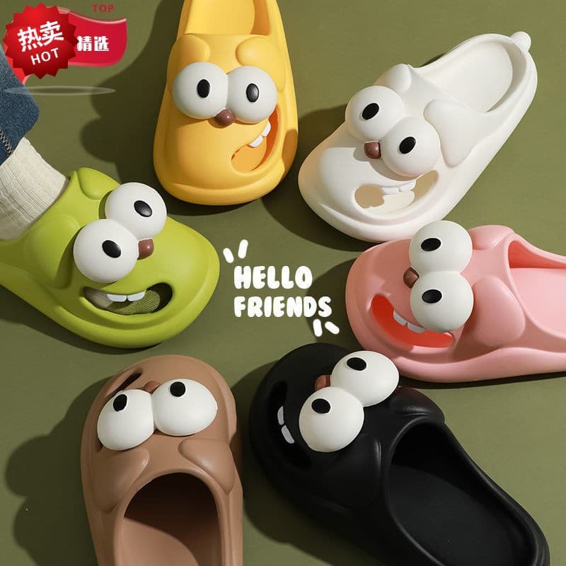 Cartoon Big-Eyed Dog Slippers for Women, Summer Home Indoor Non-Slip Cartoon Closed-Toe Clogs Thick Sole Feels Like Stepping on Poop