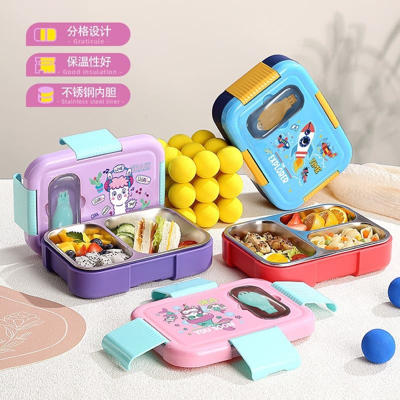 New Pu Full Insulation 304 Stainless Steel Bento Box Cartoon Student Lunch Box Sealed Compartment Lunch Box