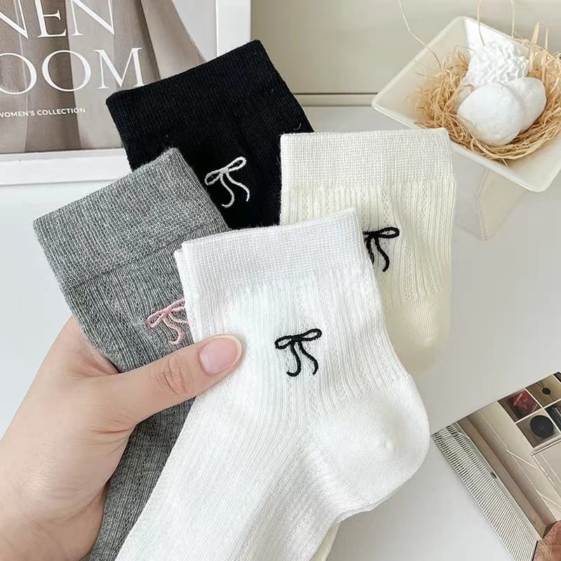 Summer Thin Mid-Calf Socks with Ballet Style Bow, Mesh Breathable Short Socks for Women, Hollow Out