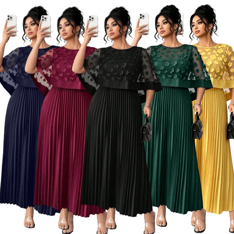 Cross-border plus size women's three-dimensional flower mesh fake two-piece dress mid-sleeve round neck pleated long banquet dress