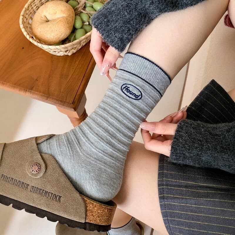 Striped Letter Socks Women Mid-Calf Socks Spring Autumn Korean Japanese Ins Trendy Sports Cotton Socks Gray Long Socks