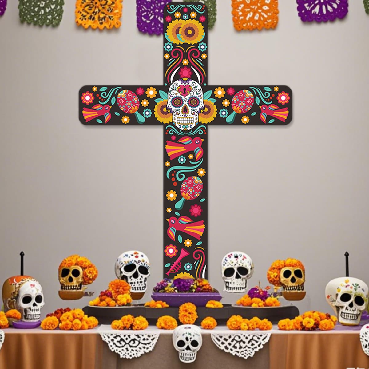 New Cross-border Wooden Day of the Dead Decoration Cross Mexican Party Wall Floral Skull Cross