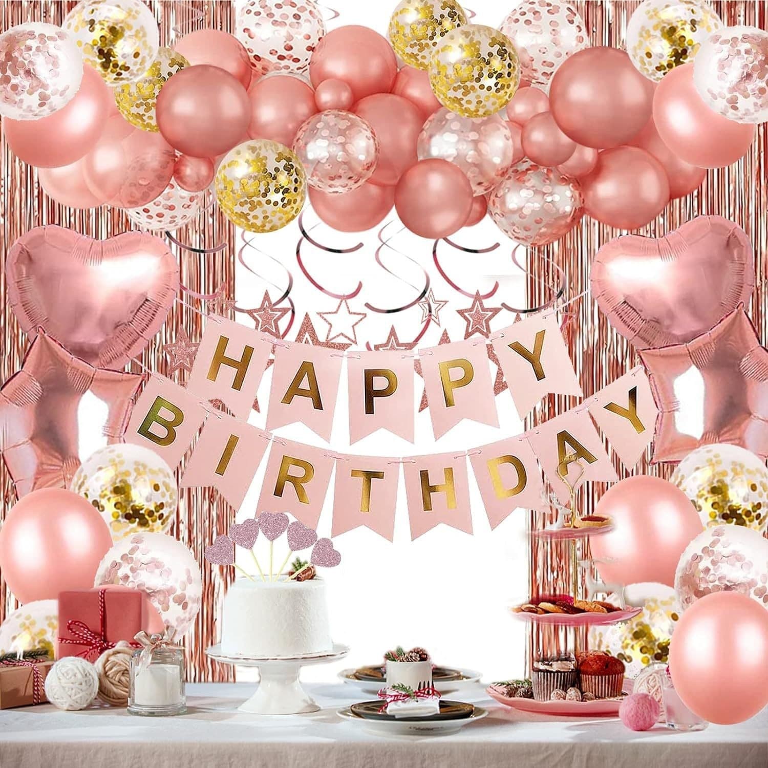 Rose Gold Birthday Balloon Set with Banner and Streamer Decor Party Kit for Valentine's Day Theme