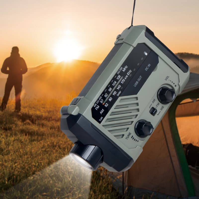 Portable Multi-function Emergency Radio with Solar Outdoor Charging, Hand-crank Power Generation, and NOAA Weather Alert