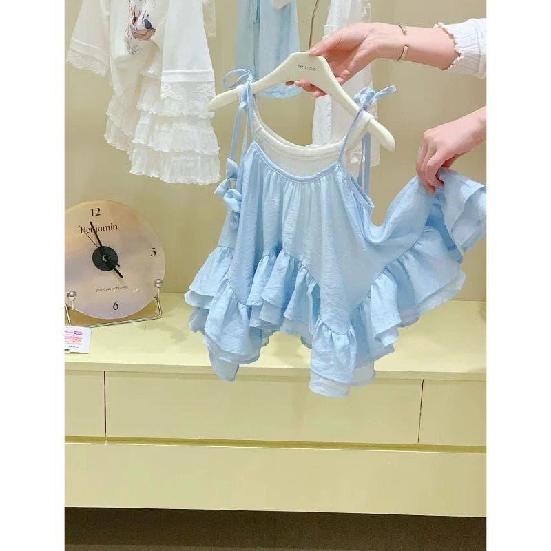 Baby girl lace tail suspender skirt 2026 summer Korean children's clothing girls light blue dress vest skirt trendy