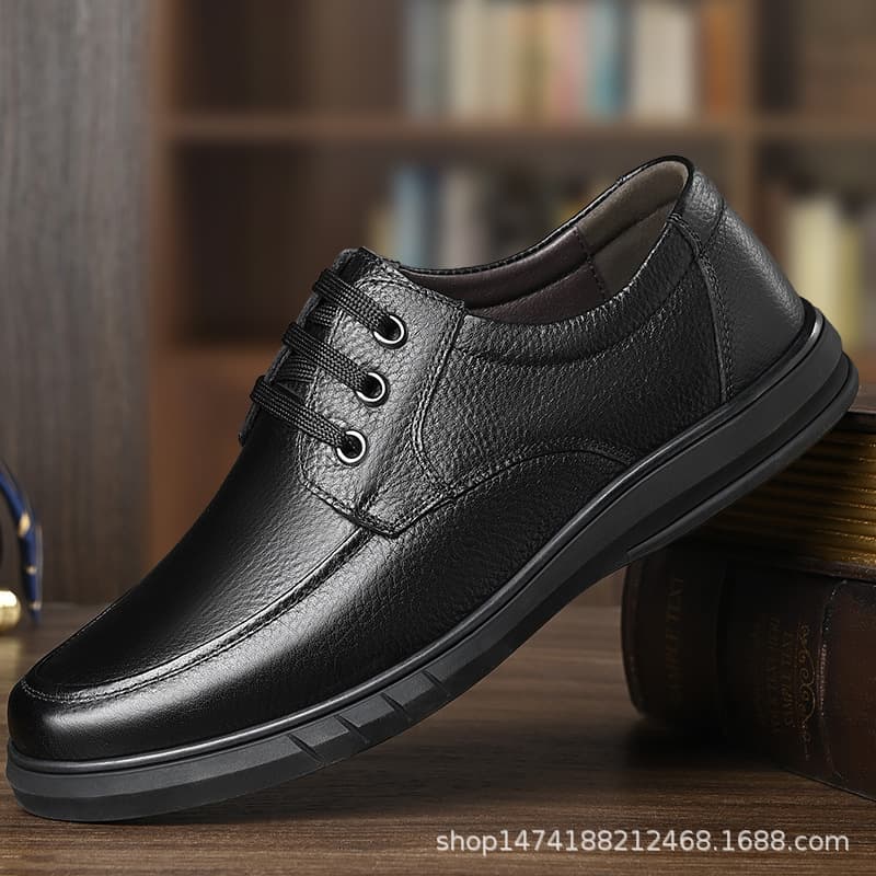 Men's Winter Business Casual Leather Shoes with Fleece Lining, Genuine Cowhide Lace-Up Soft Leather Shoes