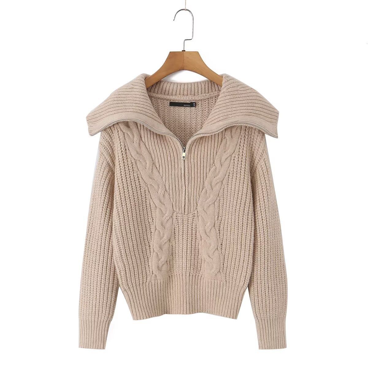 BSK&TRAF Women's 2026 Fall New Arrival Casual Cable Knit Zip-Up High Neck Oversized Collar Sweater