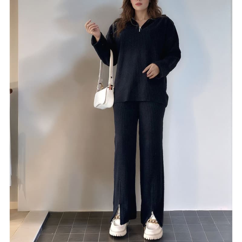 2025 New Fall/Winter Women's Solid Color Zip Knit Set High Neck Ribbed Lounge Wear Two-Piece Set for Europe and America Cross-Border