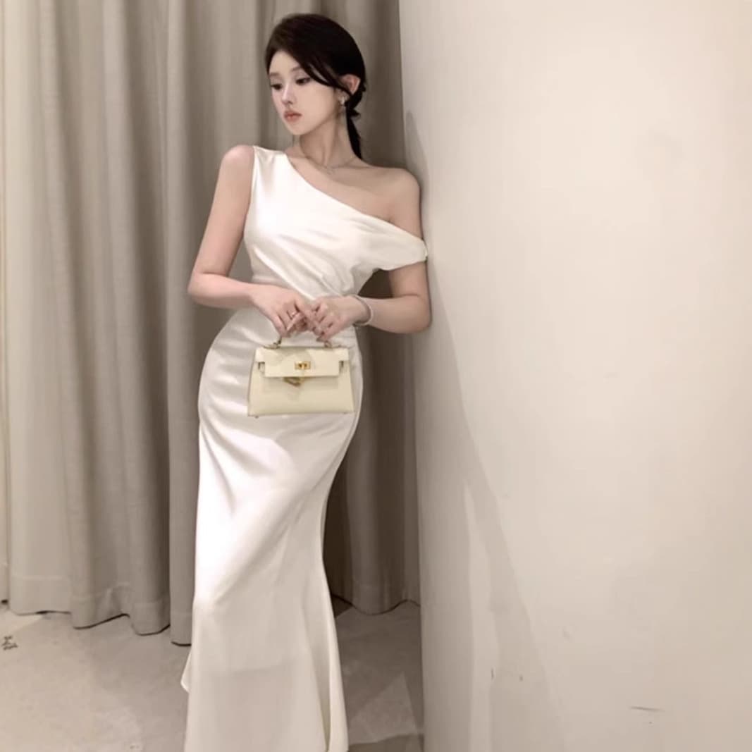 Draped Neck Asymmetrical Shoulder Silk Dress Women Summer 2025 New French Waist Slim Fit Mermaid Dress Formal Long Dress