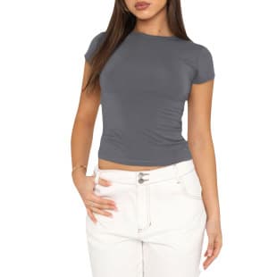 European and American Women's Casual Short Sleeve T-Shirt Spring Autumn Solid Color Fitted Pullover T-Shirt Women Streetwear Base Layer Top