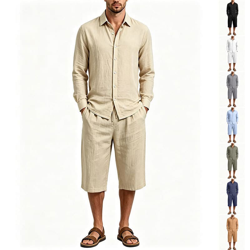 2026 cross-border European and American summer linen shirt cropped pants suit men's lapel long-sleeved casual two-piece vacation set for men