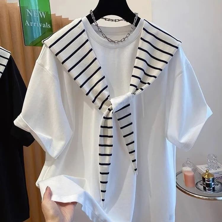 2026 Summer Two-Piece Hooded Loose Striped Cape Short Sleeve T-Shirt Unisex Plus Size Top Streetwear