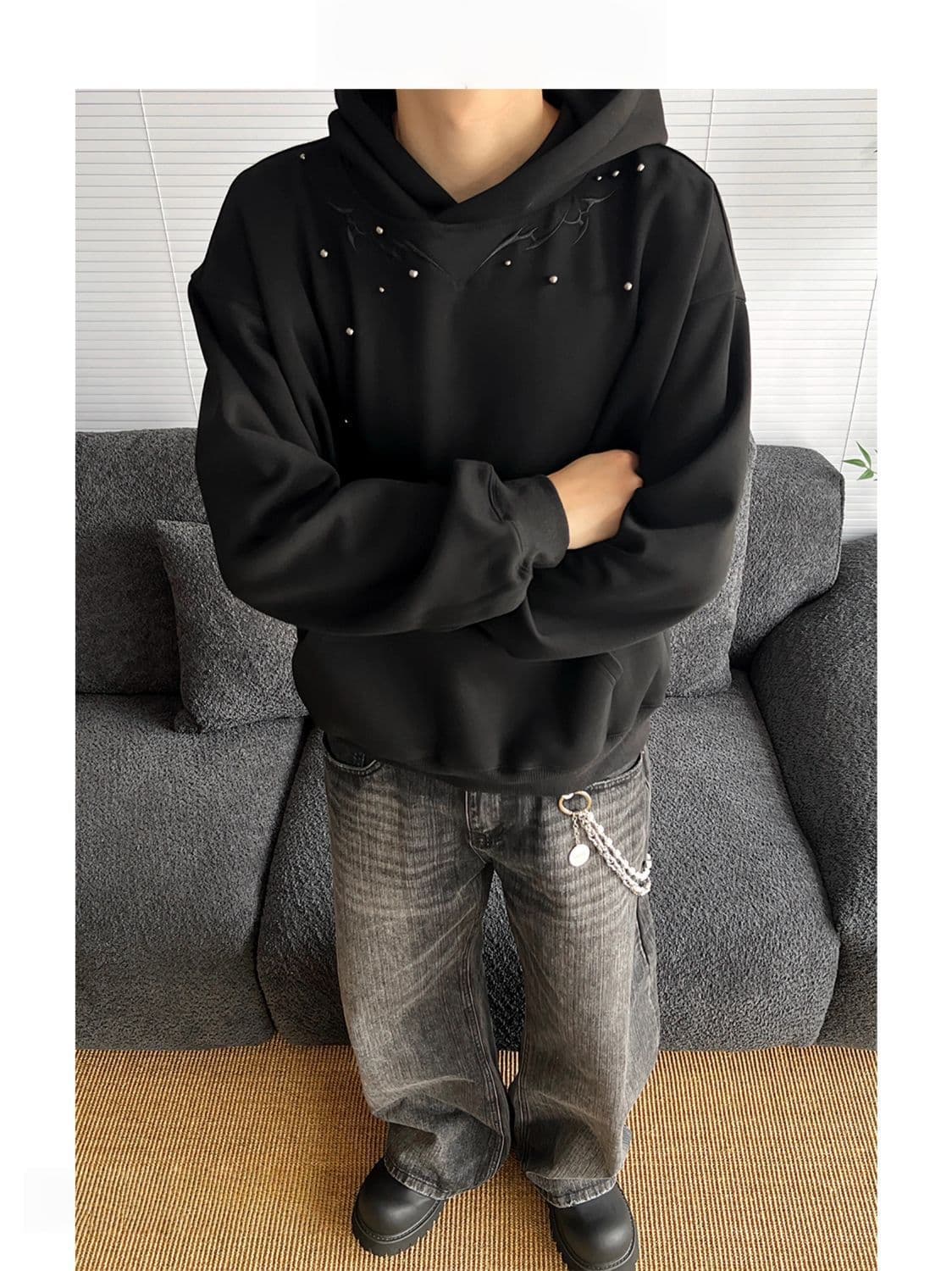 American Heavyweight Hoodie for Men Vintage Studded Embroidery Design Loose Casual Unisex Pullover