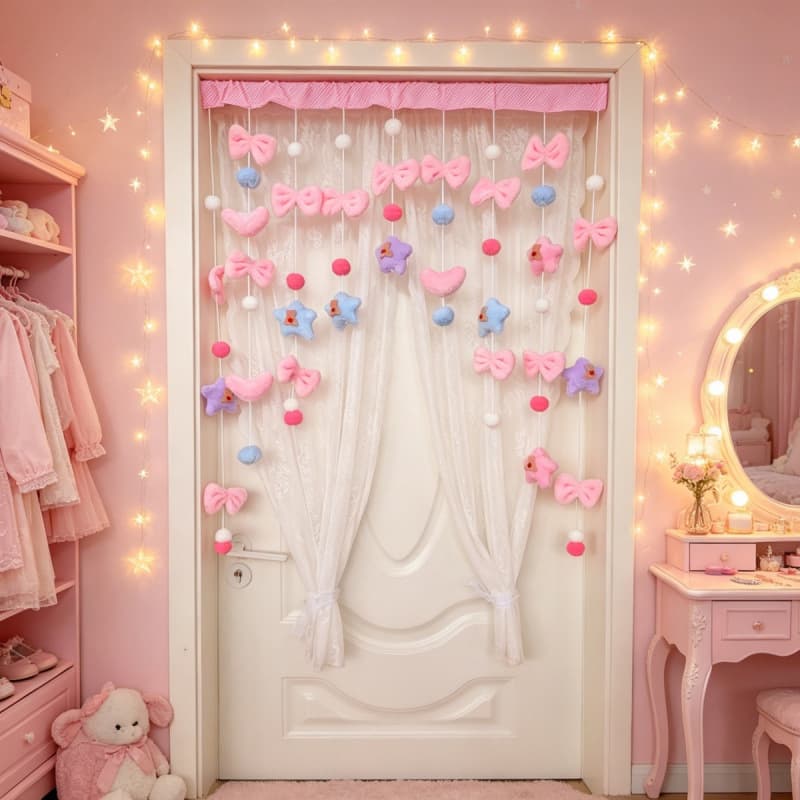 Colorful Cute Bear Decorative Partition Curtain, Trendy Plush Curtain, No-Drill Feng Shui Curtain, Half Curtain