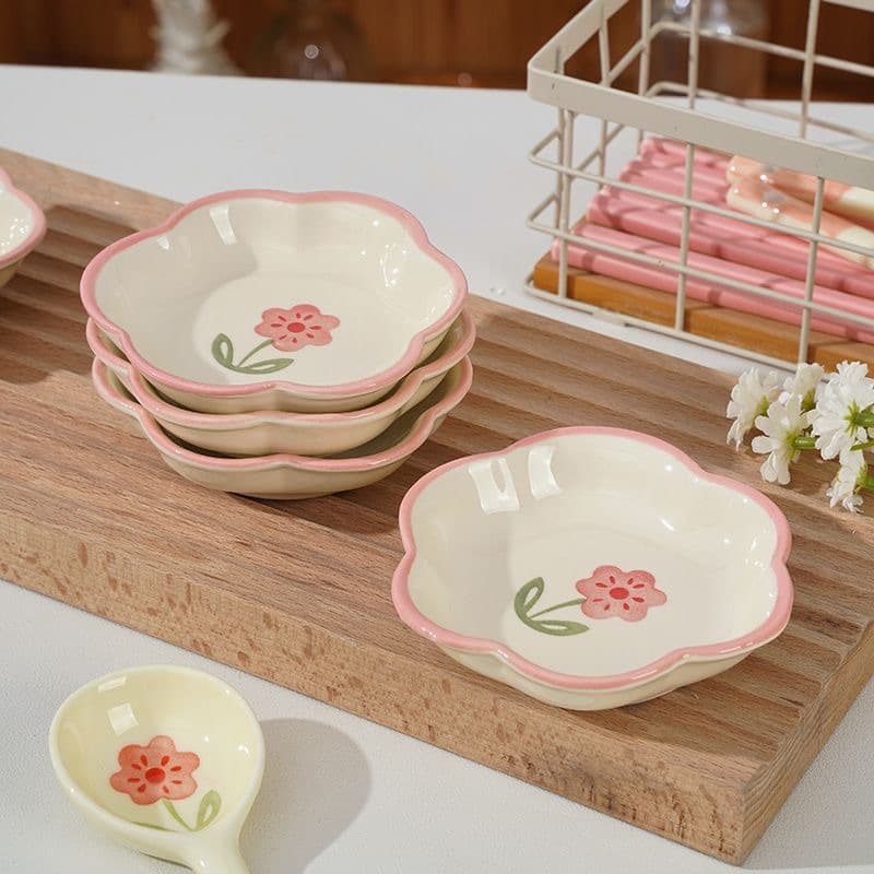 Four Seasons Flower Ceramic Small Dish, Elegant Design, Household Soy Sauce Vinegar Seasoning Dish, Dip Bowl, Side Dish Plate