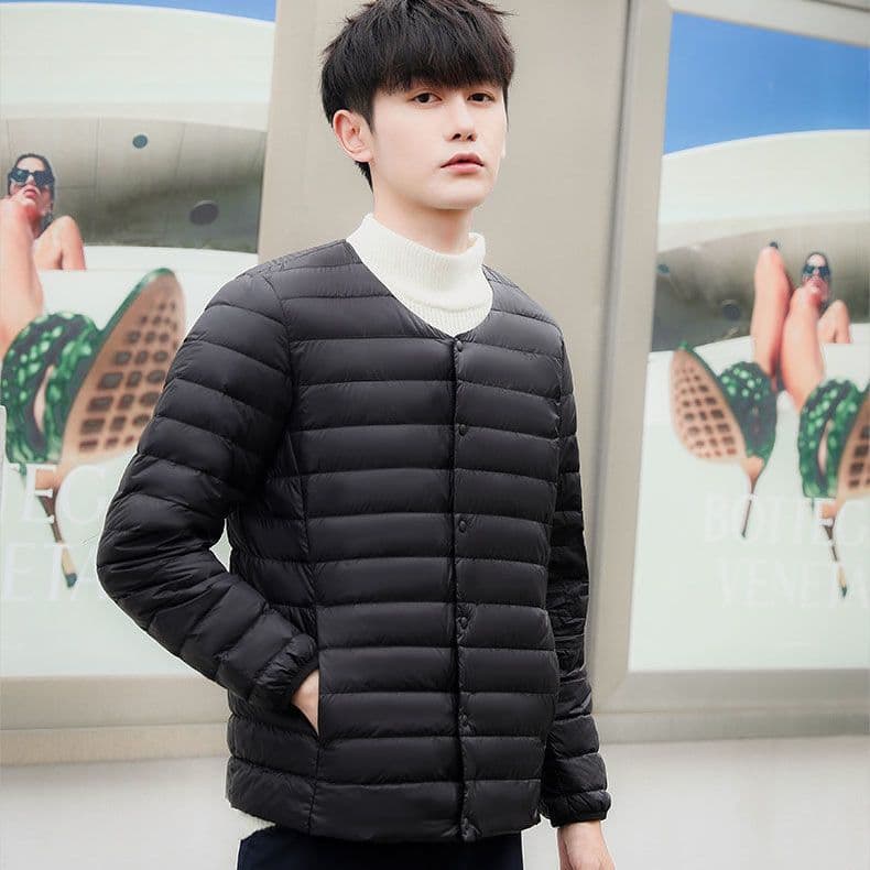 Winter New Lightweight Down Jacket Men's Short Round Neck V-Neck Warm Lining Long Sleeve Slim Fit Thin Large Size Coat