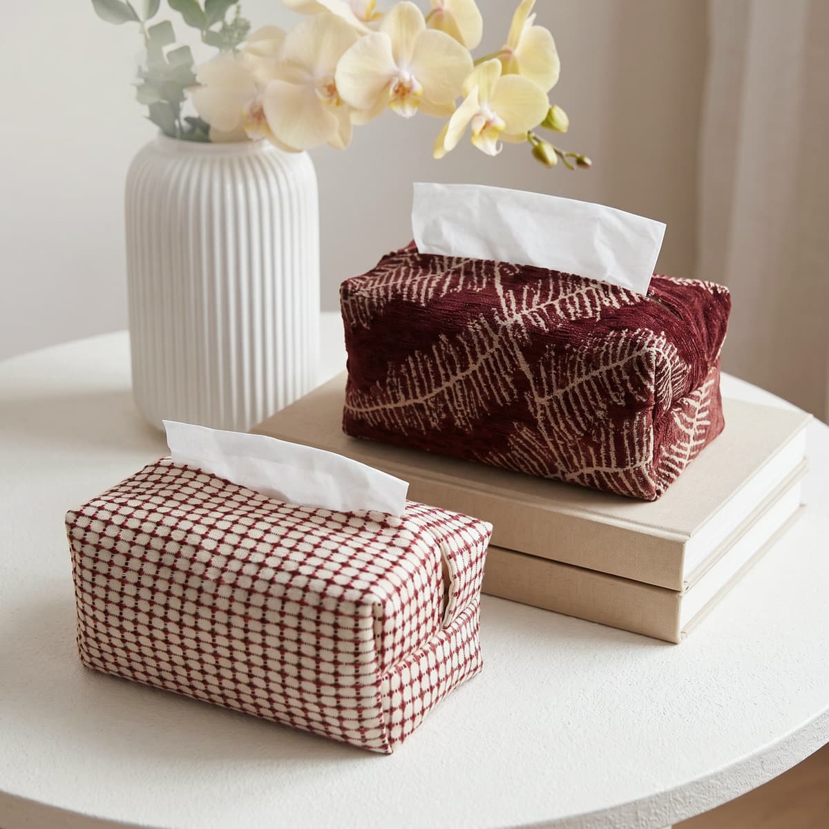 French Vintage Fabric Tissue Box Cover, Textured Fern Leaf Plaid Tissue Holder, Living Room Guesthouse Desktop Decorative Tissue Case