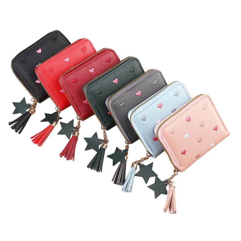 Short Zipper Fashion Exquisite Heart Coin Purse Cute Multifunctional Bag with Fringe Leather Pouch