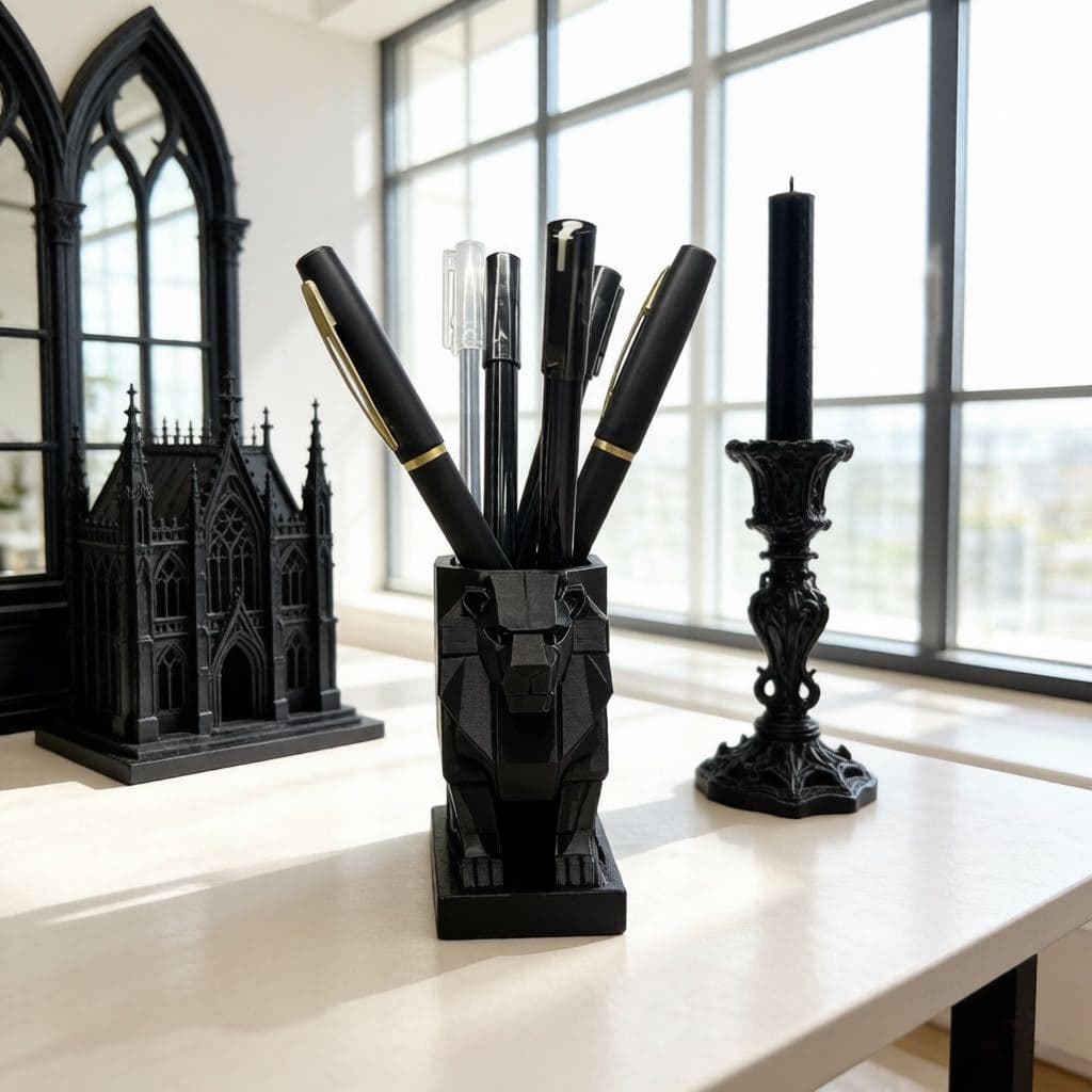 Geometric Faceted Lion Square Pencil Holder, Low-Poly Angular Lion Full-Body Sculpture with Vertical Stripe Square Tube