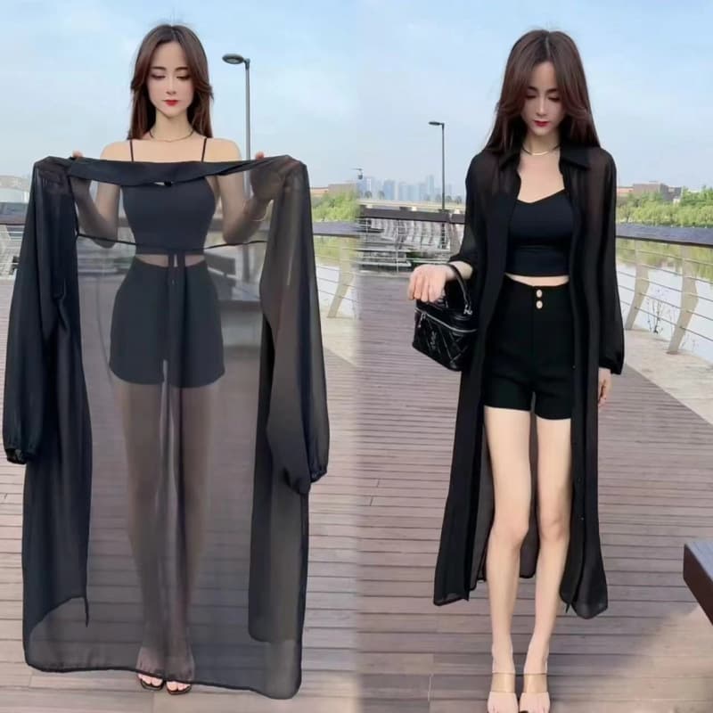 Korean style mesh long sun protection shirt 2025 summer new cardigan jacket loose slimming long-sleeved top chiffon