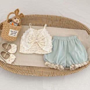 Summer New Children's Girl Big Bow Print Camisole Tank Top + Bloomer Shorts Two-Piece Set