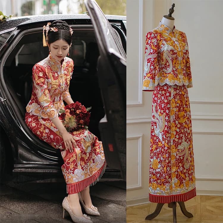 Dragon and Phoenix Gown 2025 Chinese Xiuhe Dress with Five Blessings Straight Skirt for Petite Women, Toasting Dress, Imperial Gown with Three-Dimensional Embroidery