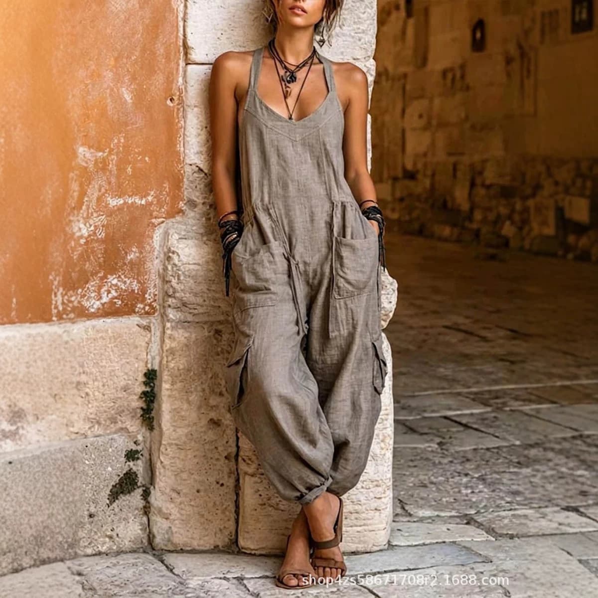 2026 European and American Cross-border Women's Fashion Independent Station Amazon Summer New Solid Color Camisole Sleeveless Casual Jumpsuit