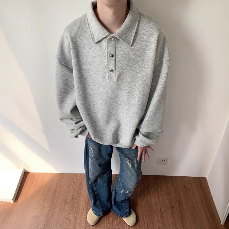 American retro cleanfit lapel long-sleeved POLO sweatshirt for men and women high street loose basic versatile casual top