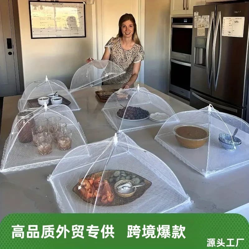 Factory Direct Cross-border Picnic Insect Cover, Household Kitchen Dust-proof Foldable Mesh Square White Food Cover