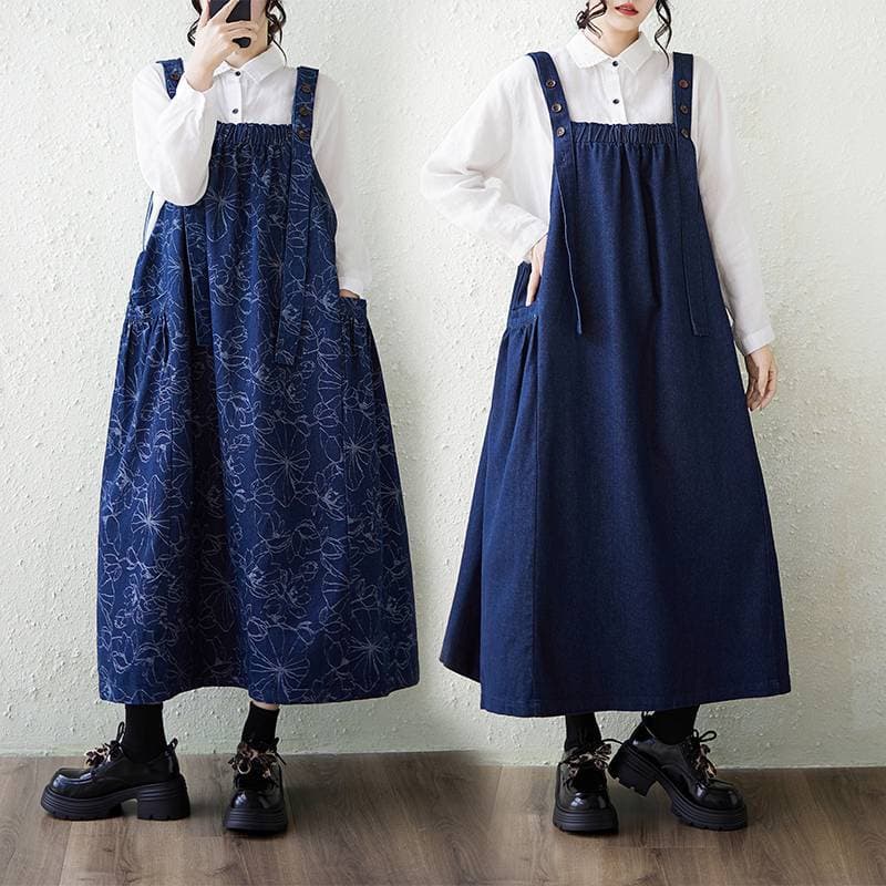 2026 Autumn New Bulk Literary Plus Size Jacquard Solid Retro Denim Loose Slimming Overall Dress for Women