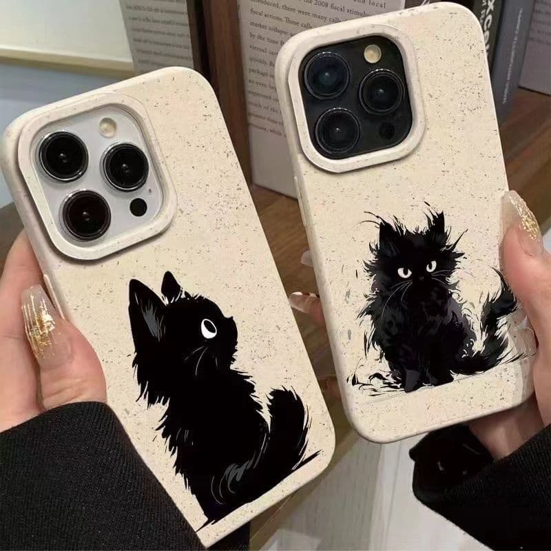 Fluffy Black Cat Phone Case for Apple 15, iPhone 14 Pro Max, Wheat 11/13, Cute Cartoon