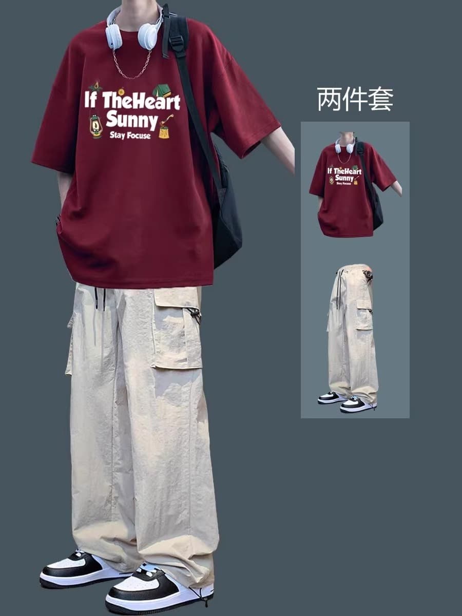Pure Cotton Short Sleeve T-Shirt Men's Outfit Complete Set Summer Teen Boys Clothing Set Men's Fashion American Style Tee