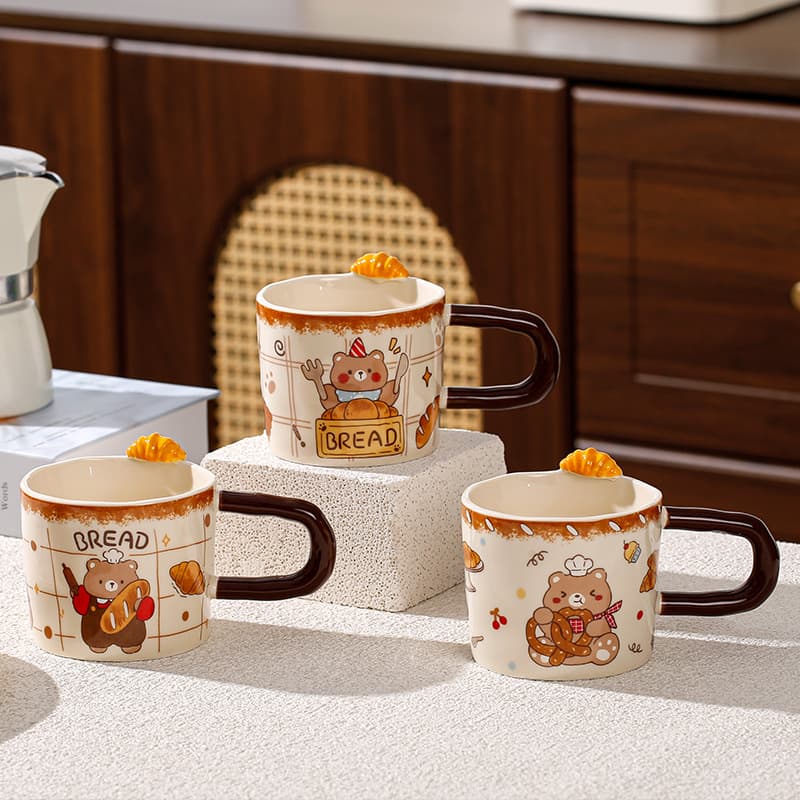 Croissant Bear Bread Cup Ceramic Mug for Women, Gift for Friends, Home Breakfast Cup, Office Coffee Cup, Wholesale