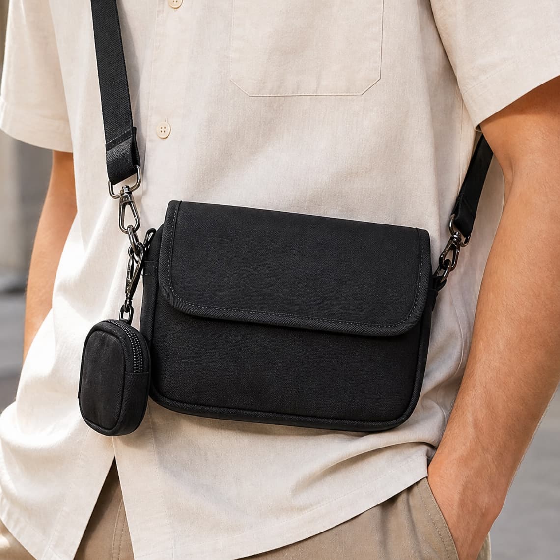 Trendy men's casual waterproof crossbody bag trendy brand Japanese workwear portable shoulder bag men's messenger bag black simple