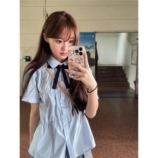 Blue Short Sleeve Shirt for Women Summer Korean School Style Doll Shirt Pleated Design Sense Niche JK Uniform Blouse