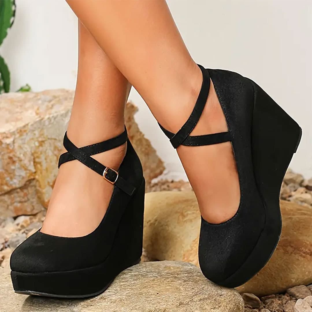 Spring Autumn Real Leather Wedge Round Toe Waterproof Platform Cross Strap Retro High Heel Business Women Shoes Rubber Sole