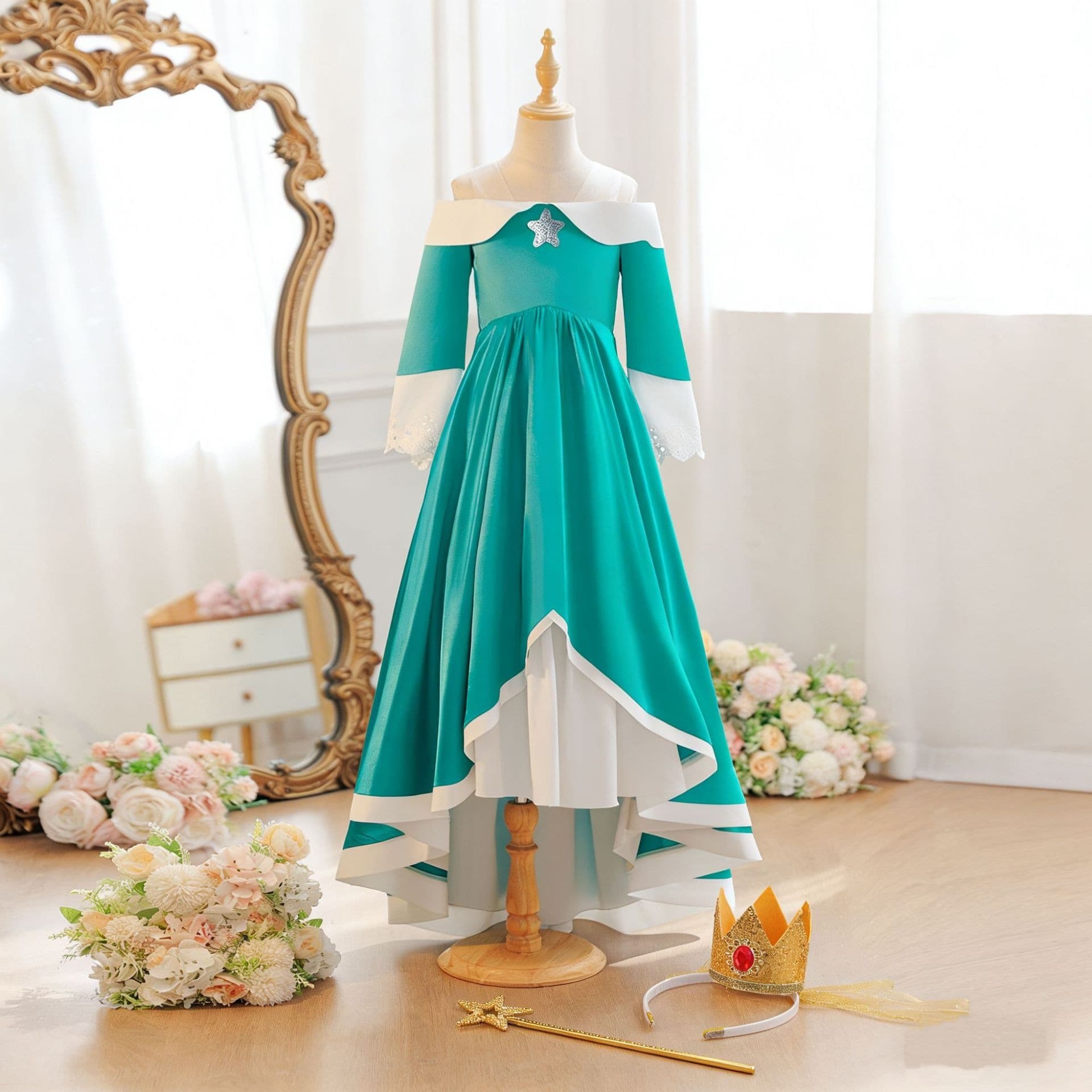 Children's Off-Shoulder Green Evening Gown Cosplay Mario Rosalina Princess Dress Summer