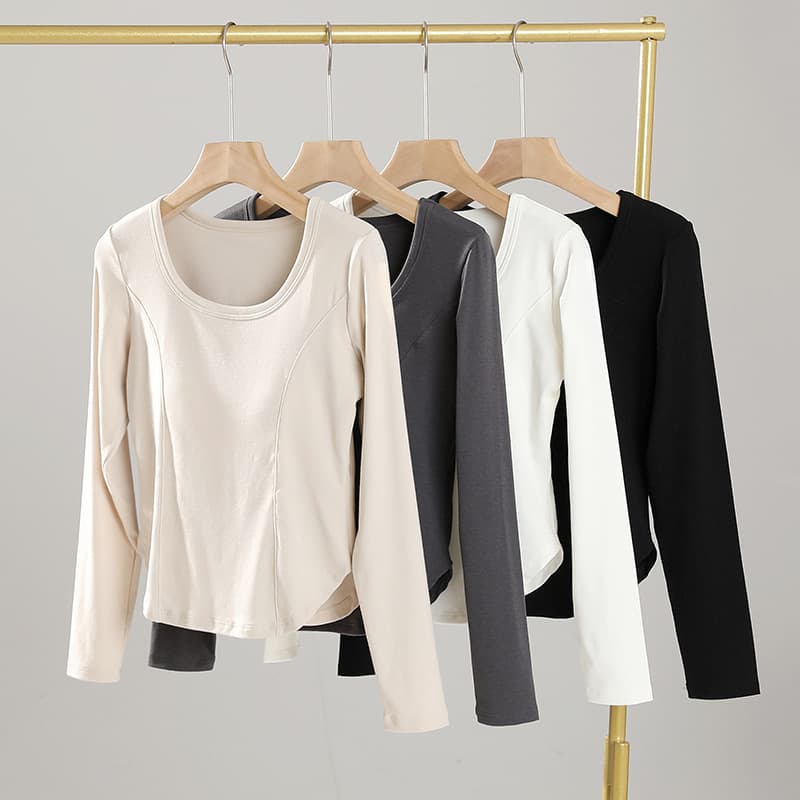 Autumn/Winter New Style Built-In Bra Long-Sleeve Women's T-Shirt Irregular Hem Arc Top Slim-Fit Inner Wear Can Be Worn Out for Layering